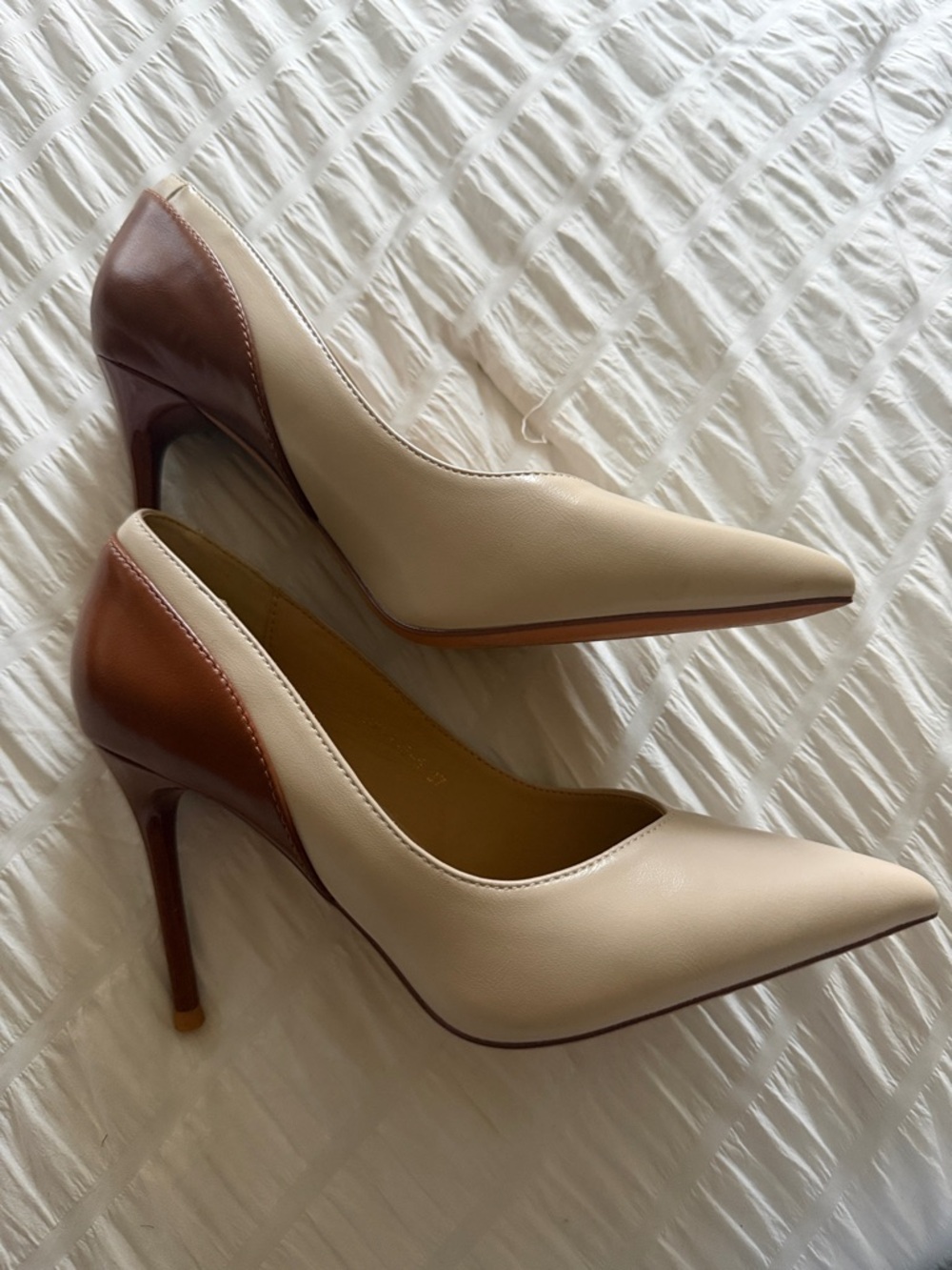 Two-Tone Cream and Brown Pointed-Toe Stiletto Pumps